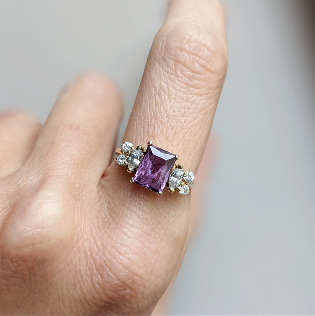 Antique 14K Emerald Cut Amethyst and Diamond Ring