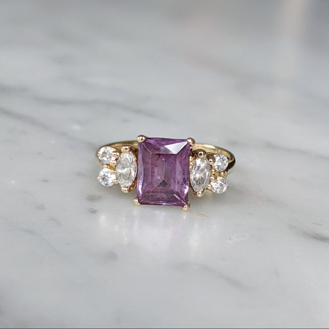 Antique 14K Emerald Cut Amethyst and Diamond Ring