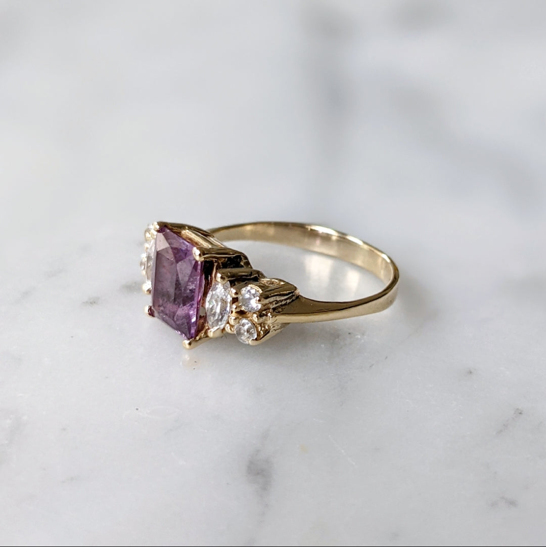 Antique 14K Emerald Cut Amethyst and Diamond Ring