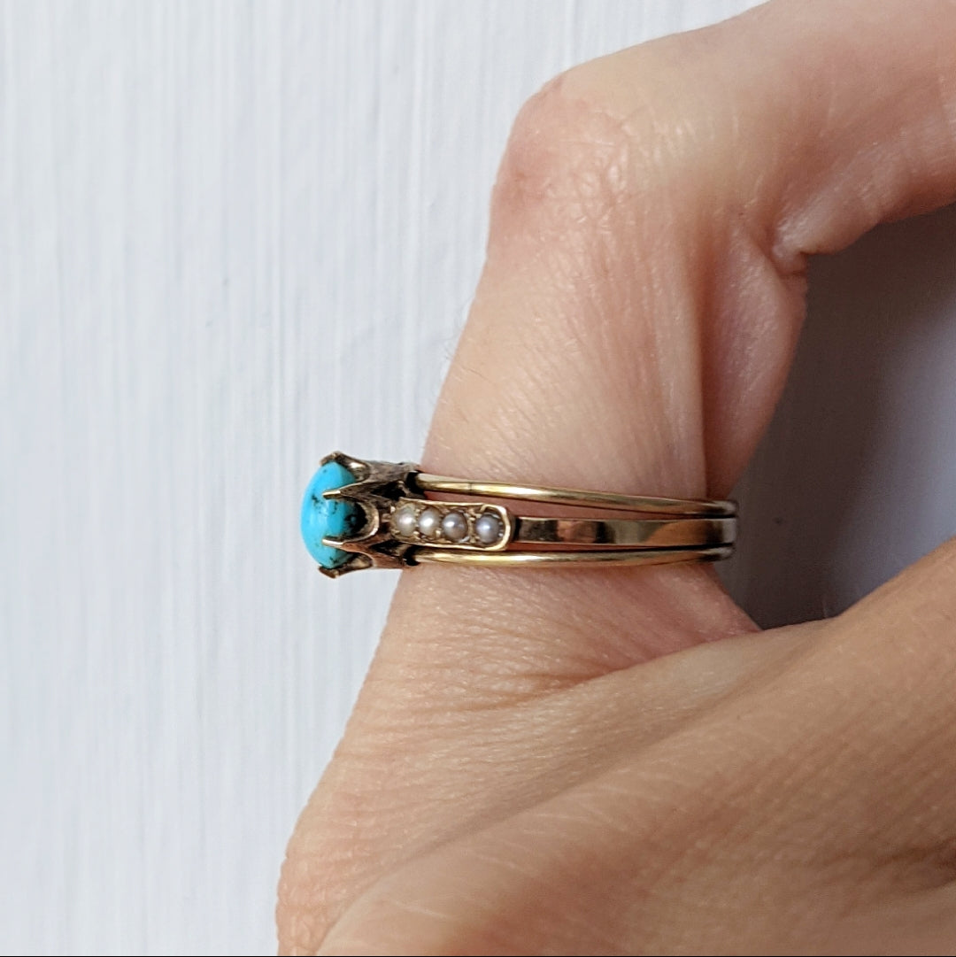 Victorian 14K Gold Turquoise Seed Pearl 3 Band Ring