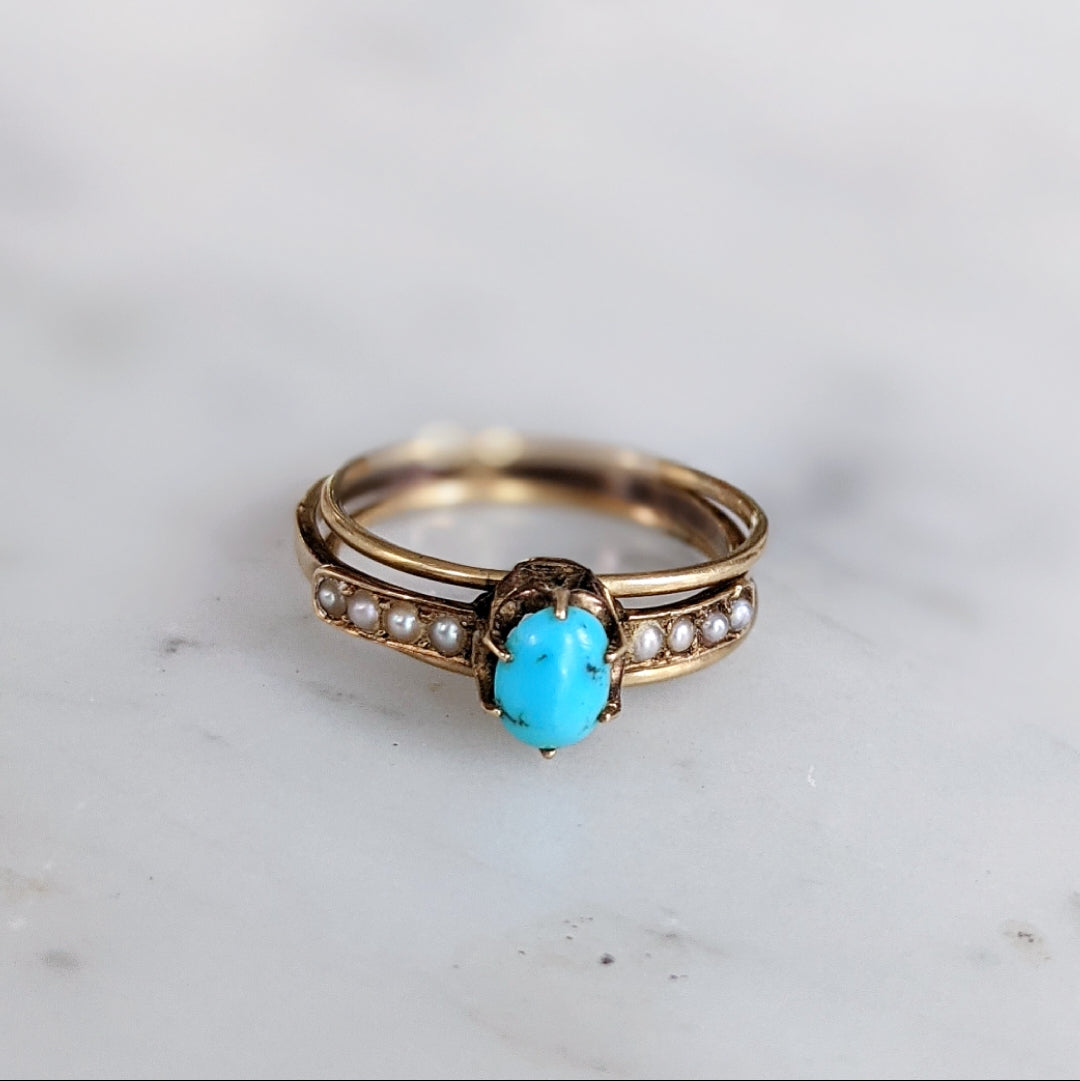 Victorian 14K Gold Turquoise Seed Pearl 3 Band Ring