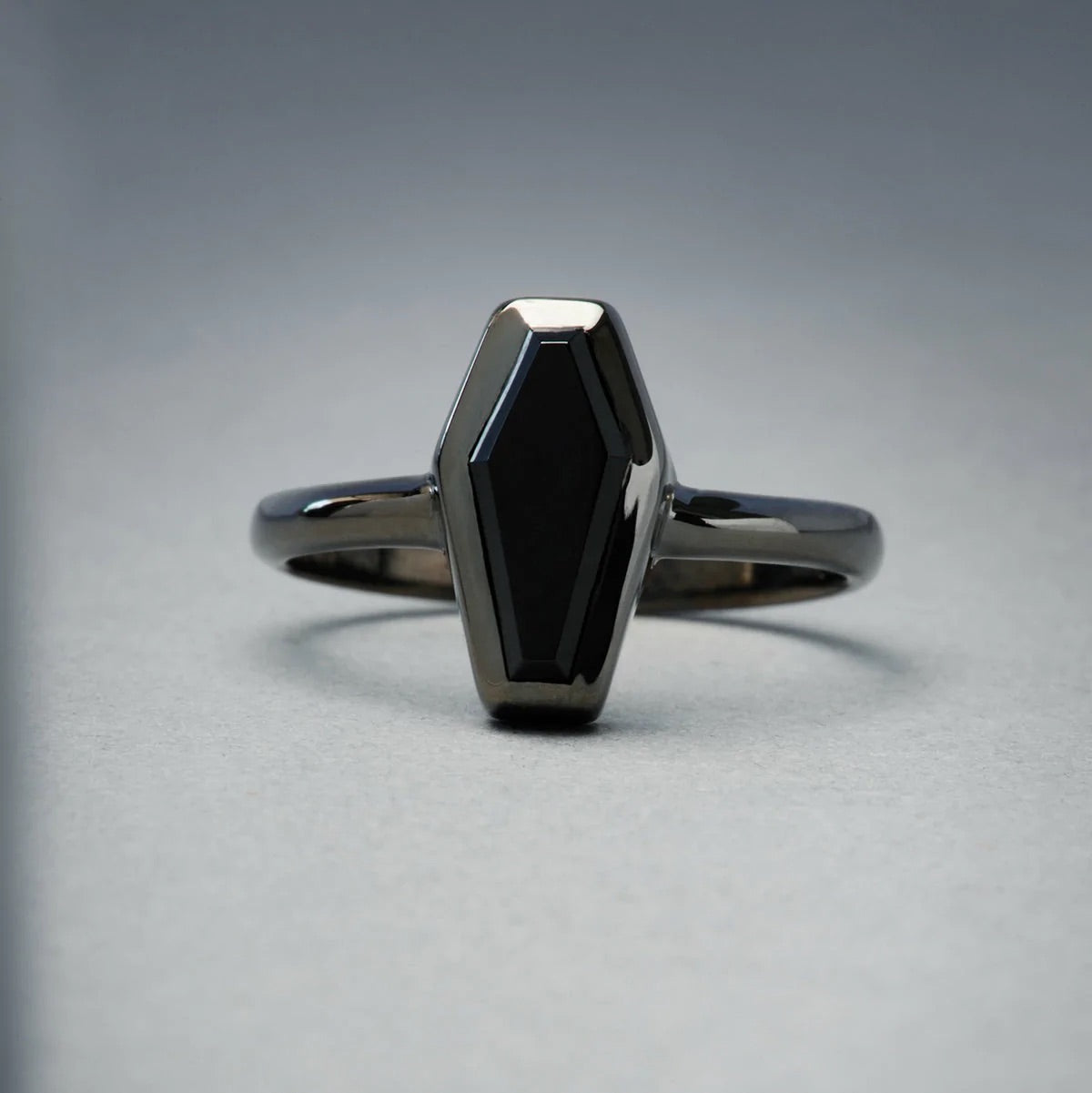Immediate Shipping Black Rhodium Onyx Coffin Ring